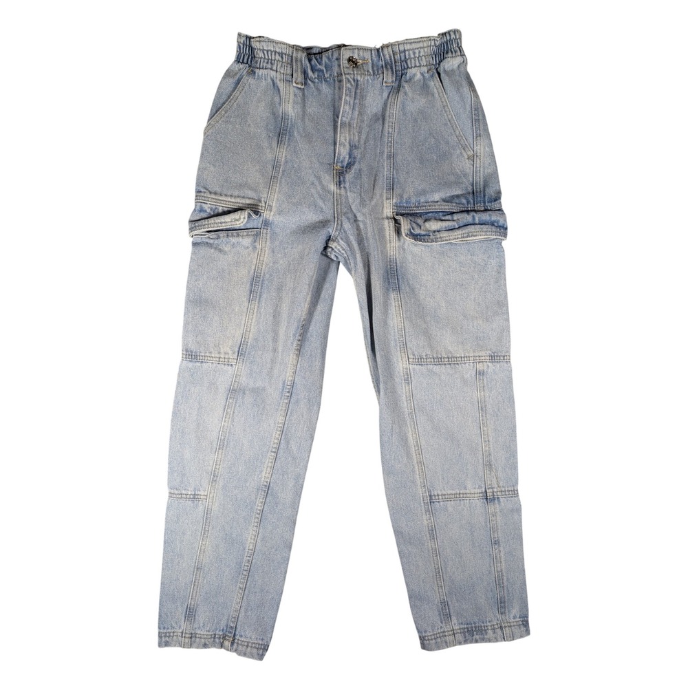 Simple Society Women Light Wash Elastic Waist Cargo Jeans High Rise Size 9/29